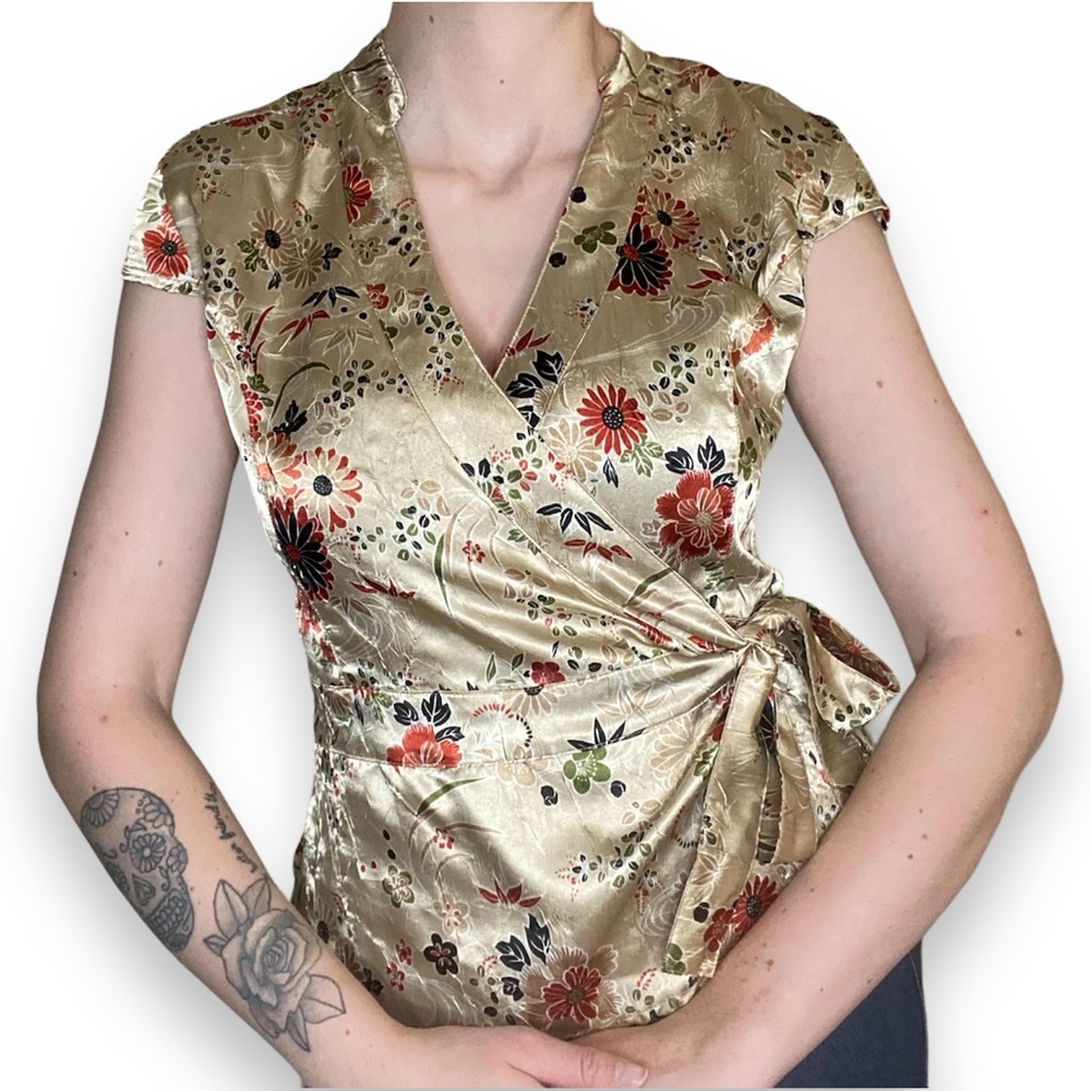 Xhilaration Gold Floral Wrap Blouse